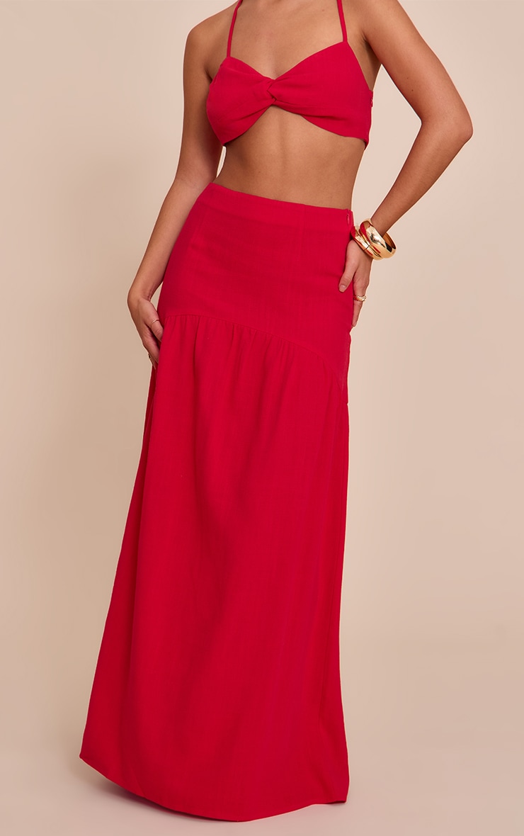 Tomato Red Seam Detail Floaty Linen Maxi Skirt image 2