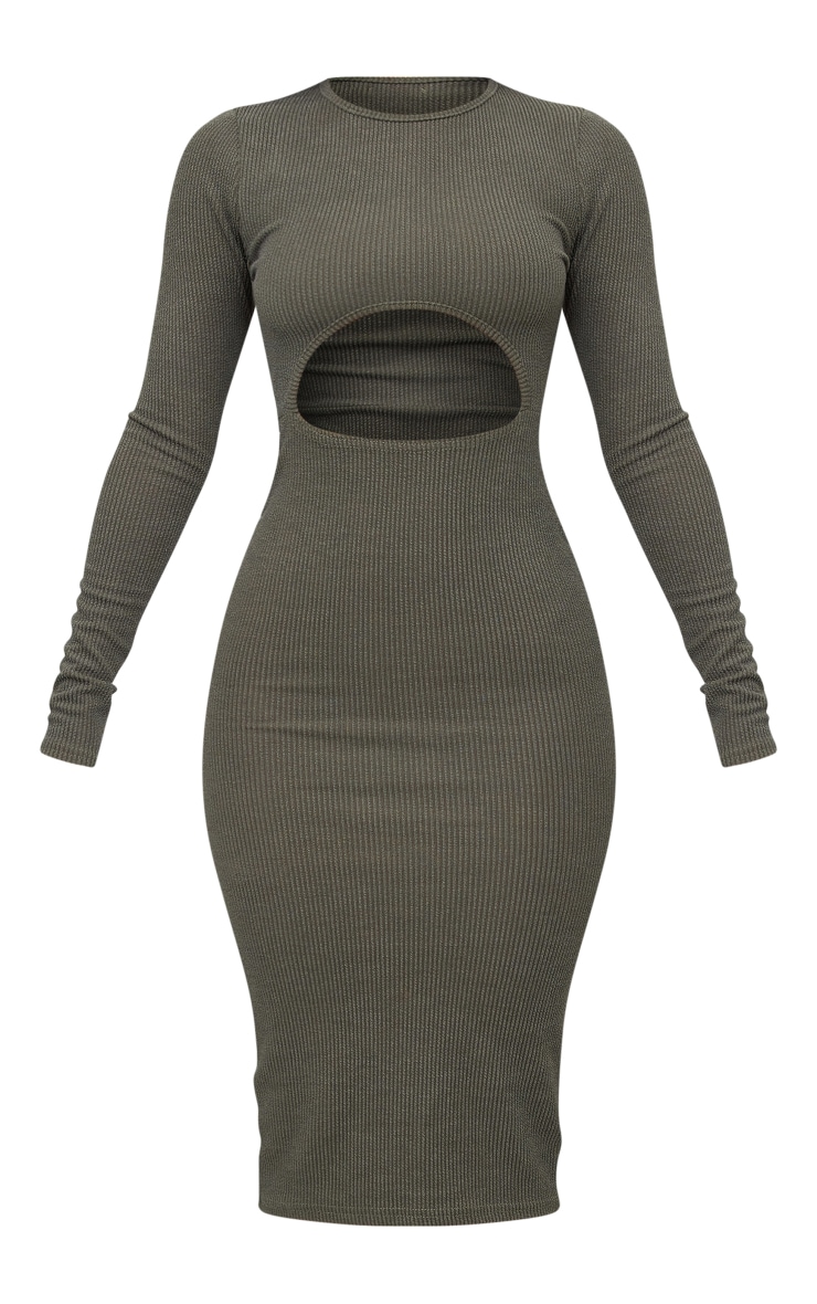 Petite Khaki Long Sleeve Cut Out Ribbed Dress image 5