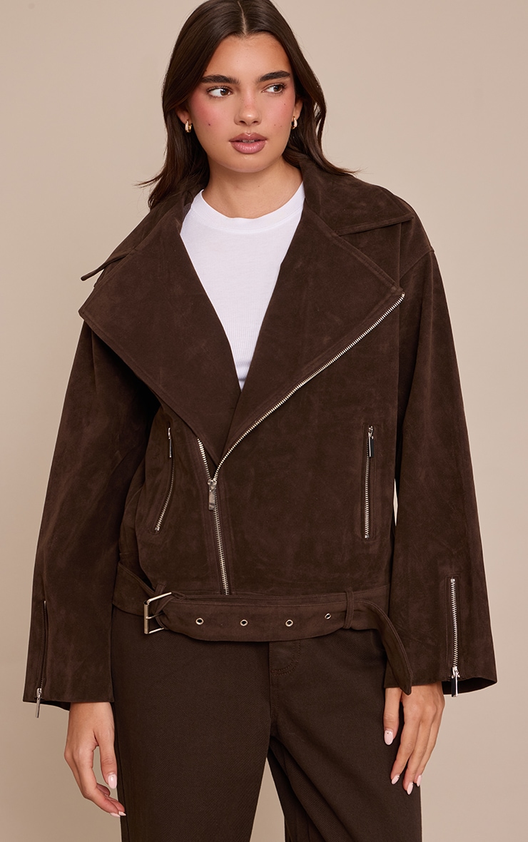 Dark Chocolate Faux Suede Oversized Biker Jacket
