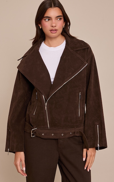 Dark Chocolate Faux Suede Oversized Biker Jacket