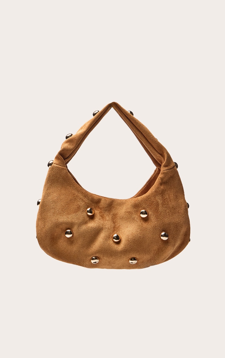 Tan Faux Suede Gold Studded Shoulder Bag image 2
