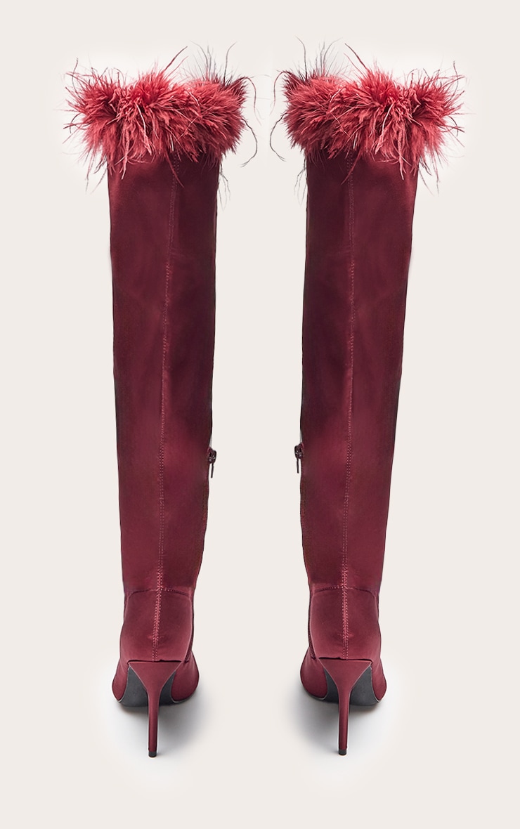 Oxblood Satin Feather Trim Heeled Knee High Boot image 3