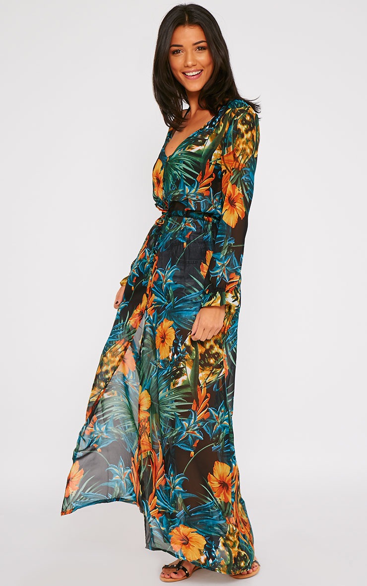 prettylittlething button down maxi shirt dress in black floral