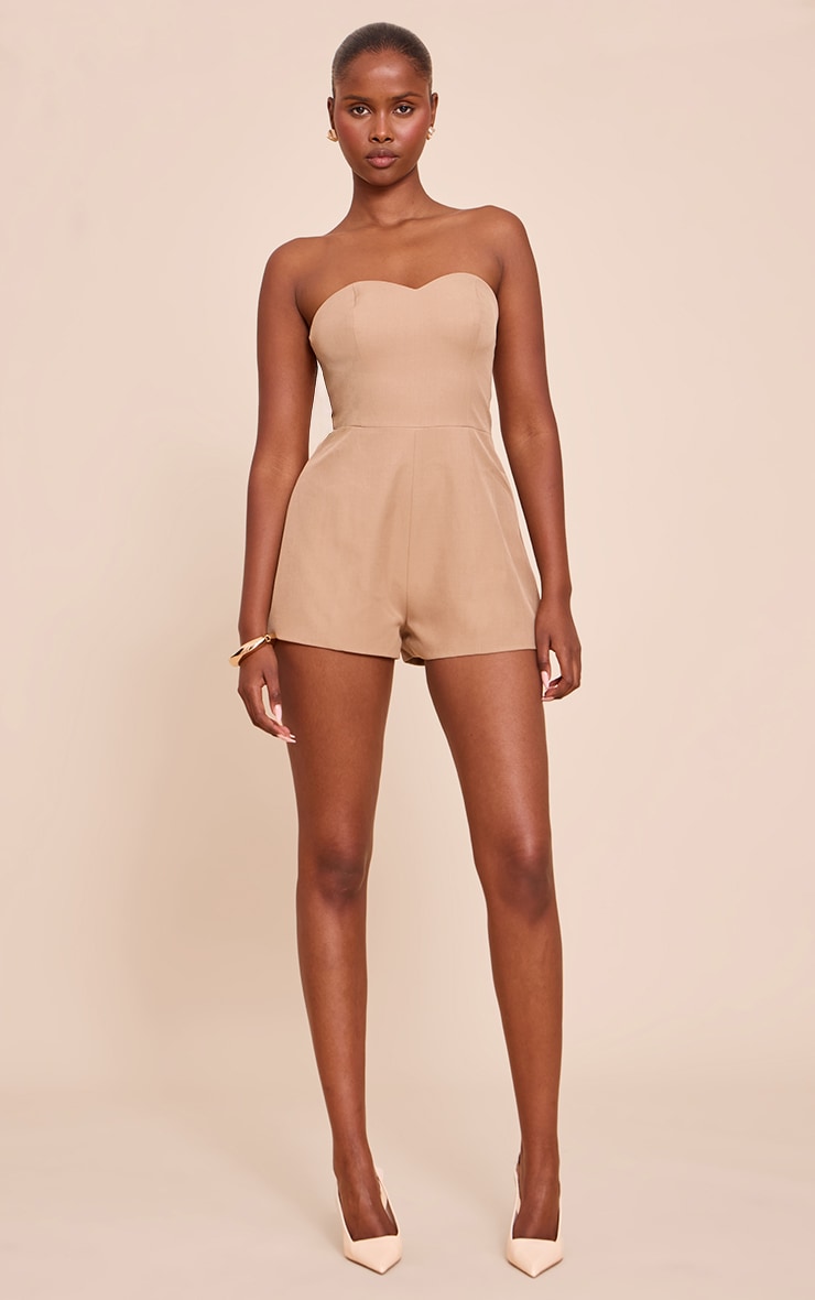 Sand Woven Sweetheart Neck Detail Romper image 3