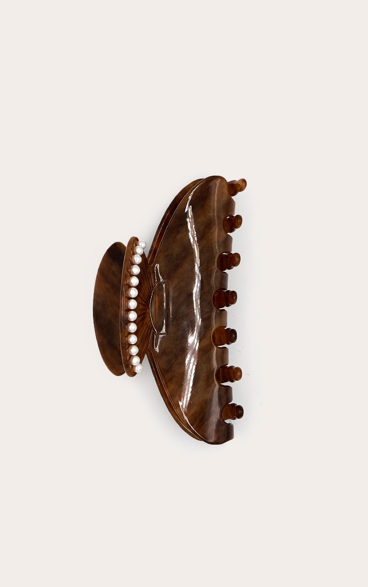 Brown Tortoiseshell Claw Clip With Pearl Detail image 2