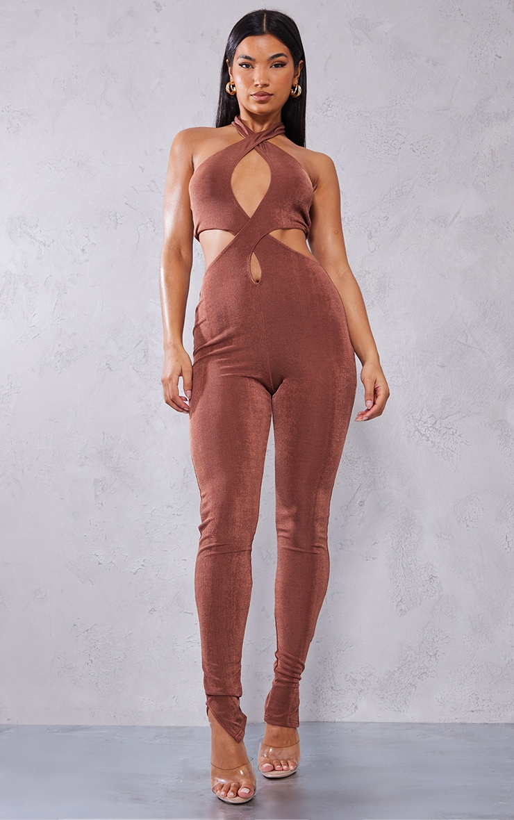 Chocolate Acetate Slinky Twist Detail Cut Out Halterneck Jumpsuit 1