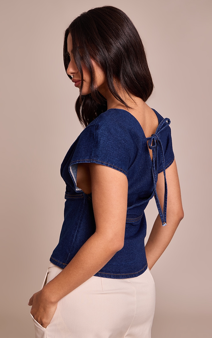 Petite Indigo Denim Peplum V neck Top image 2