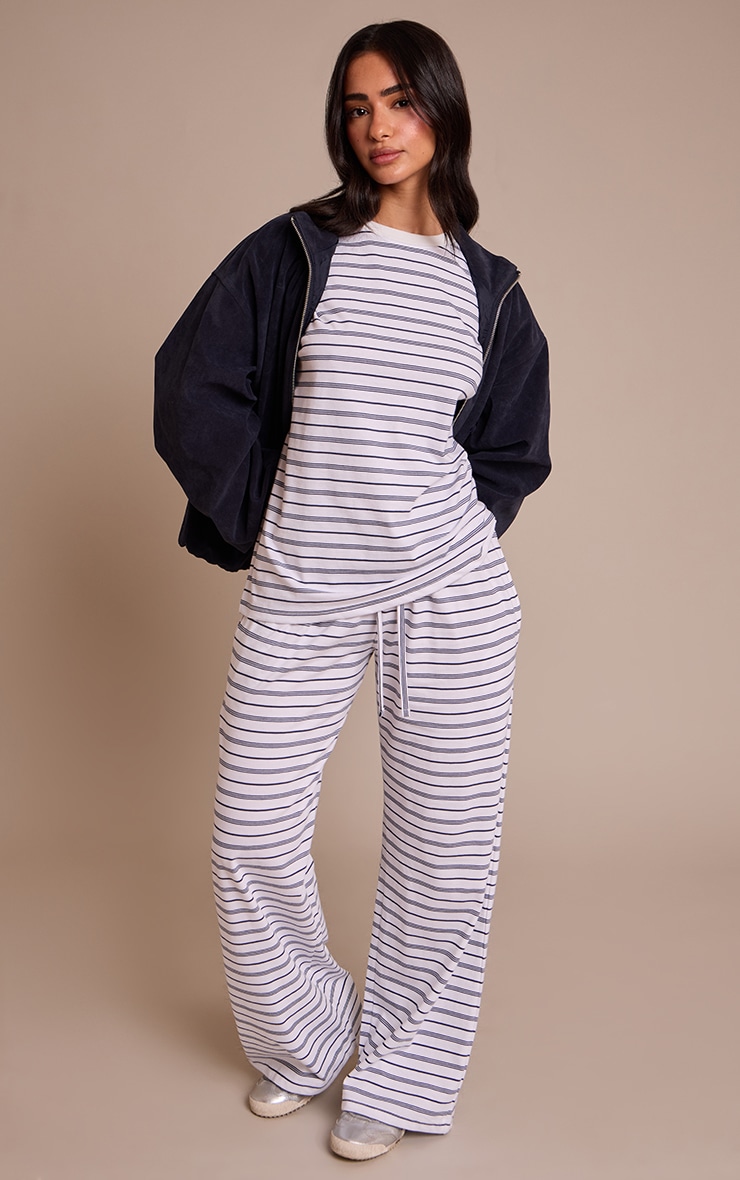 Petite Navy Striped Wide Leg Drawstring Trousers