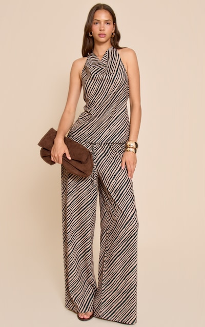Brown Stripe Print Woven Floaty Wide Leg Pants