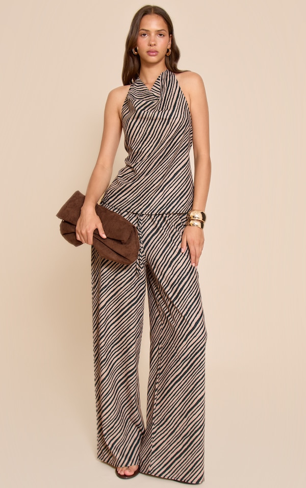  Brown Stripe Print Woven Floaty Wide Leg Pants