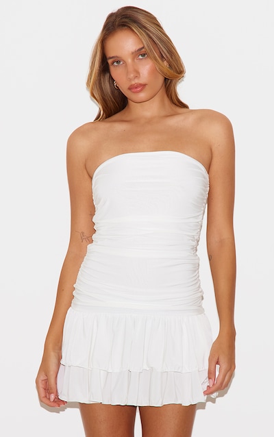Cream Slinky Ruched Tiered Shift Dress