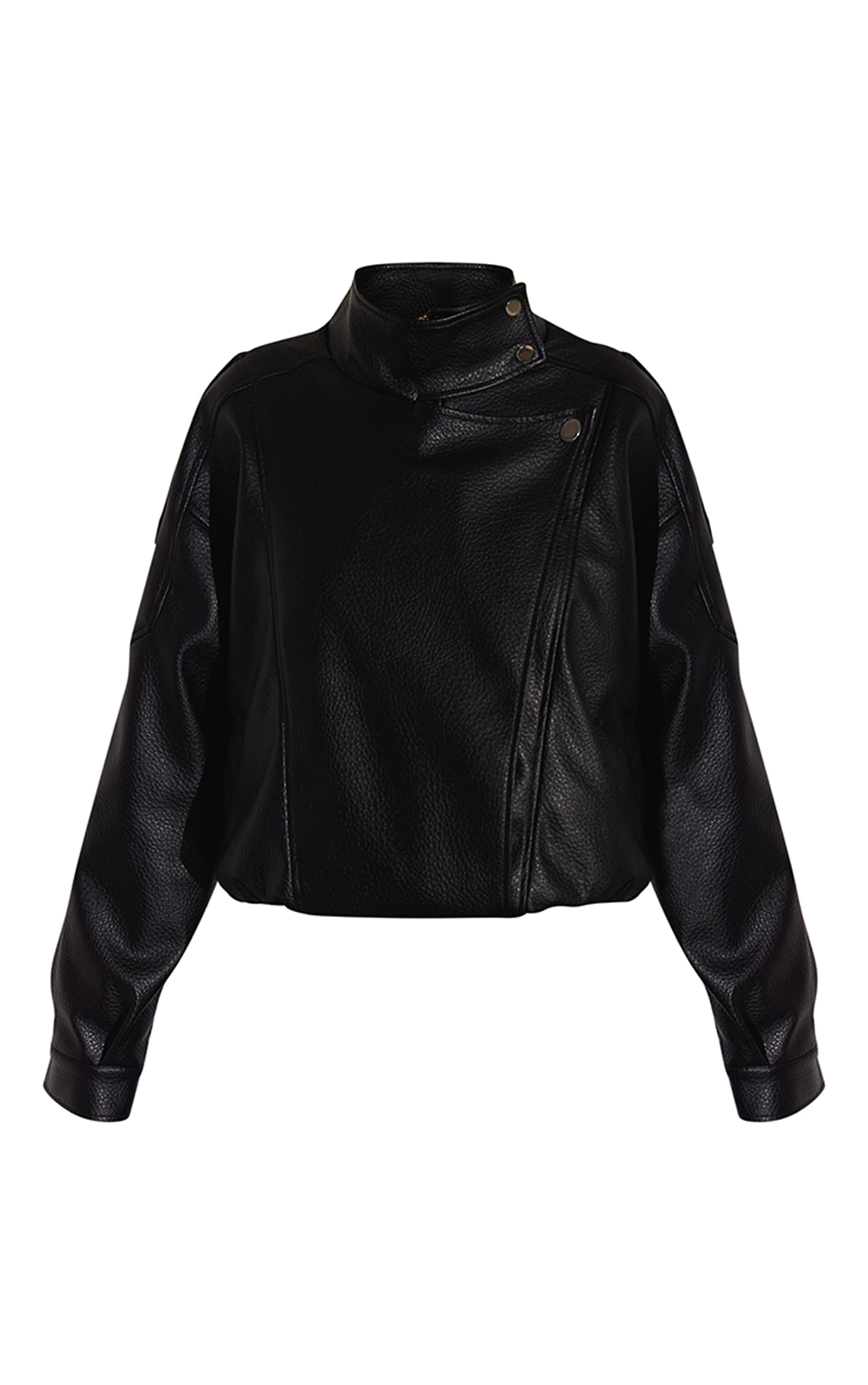 Black Funnel Neck Faux Leather Biker Jacket image 5