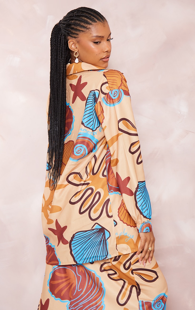 Beige Shellfish Linen Look Button Up Beach Shirt PrettyLittleThing