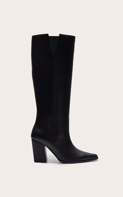 Bottes hautes pointues en PU noir à talon carré