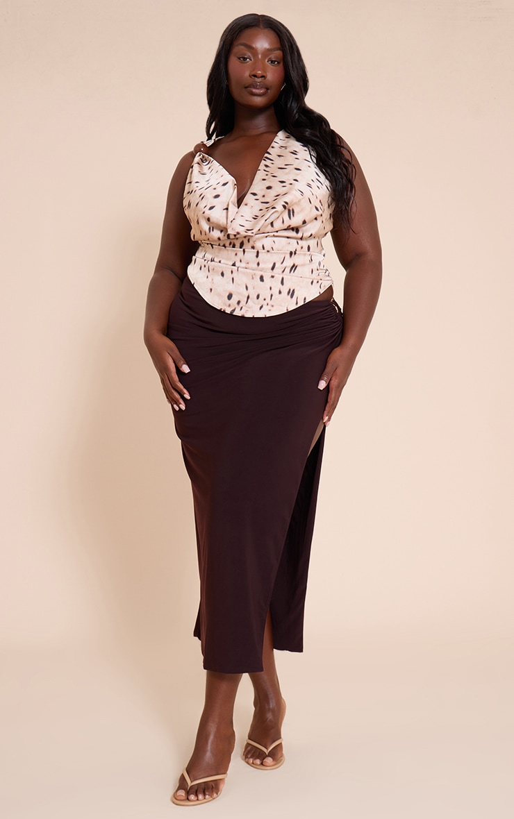 Plus Chocolate Stretch Chiffon Trim Detail Maxi Skirt image 1