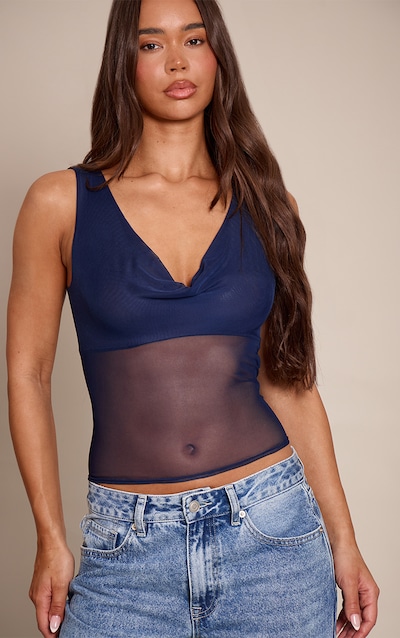 Navy Mesh Drape Front Vest Top