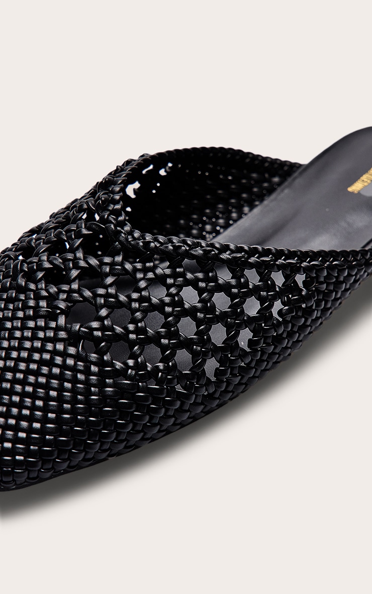 Black Pu Square Toe Woven Flats image 5