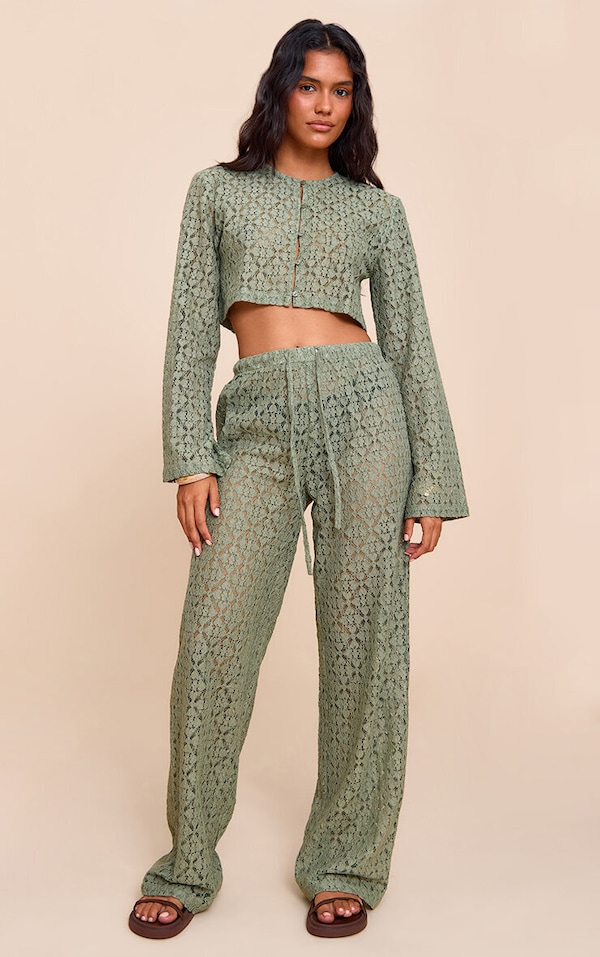 Pantalon droit en dentelle kaki