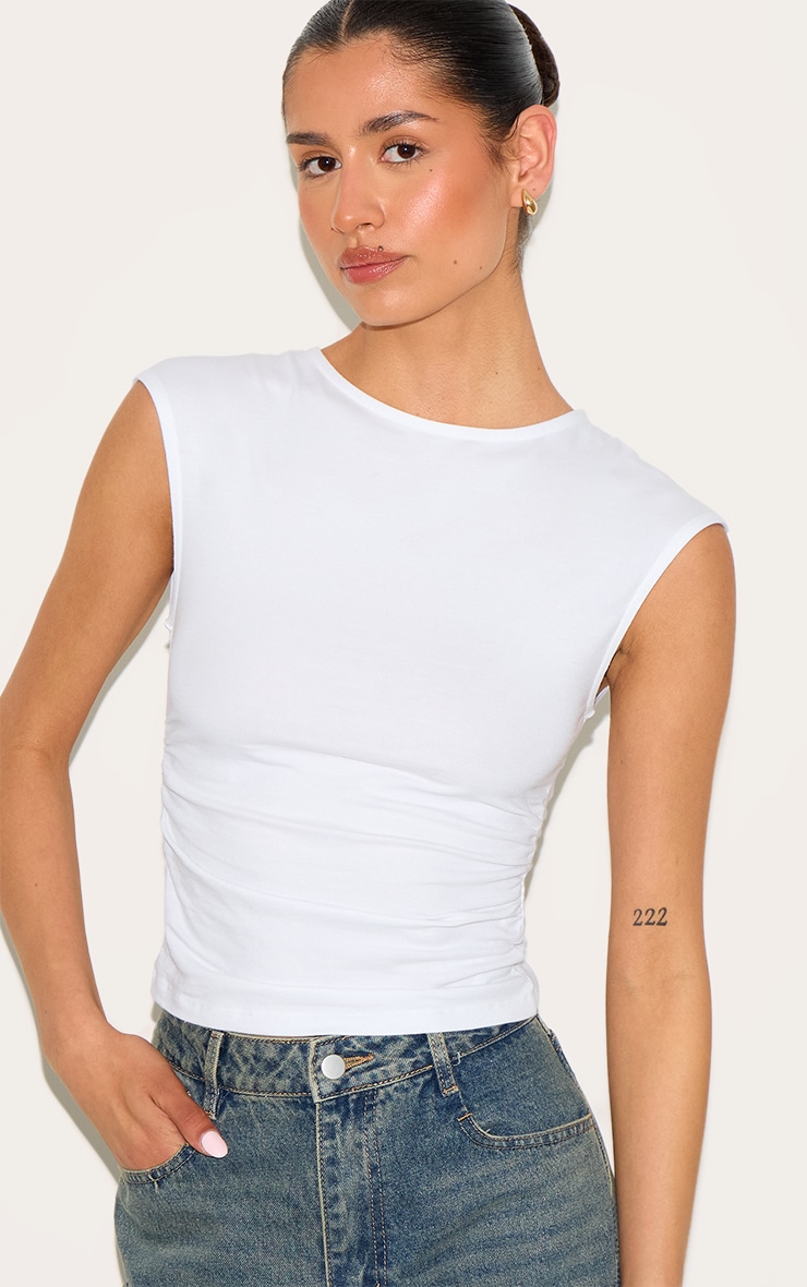 Tall White Soft Cotton Ruched Side Sleeveless Top image 4