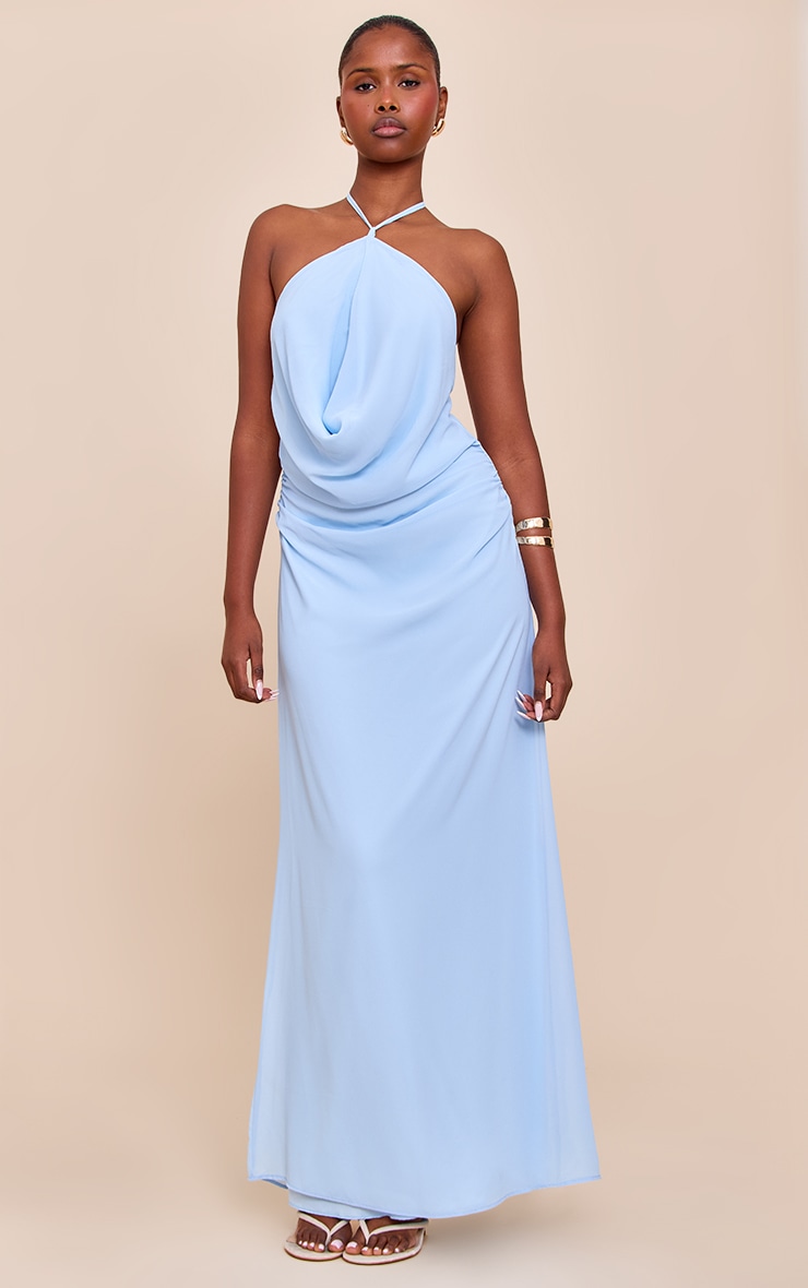 【送料&関税込】C.P. Company Light Blue Halter Long Dress Sleeveless Halter Chiffon Maxi Bridesmaid Dress In Larkspur