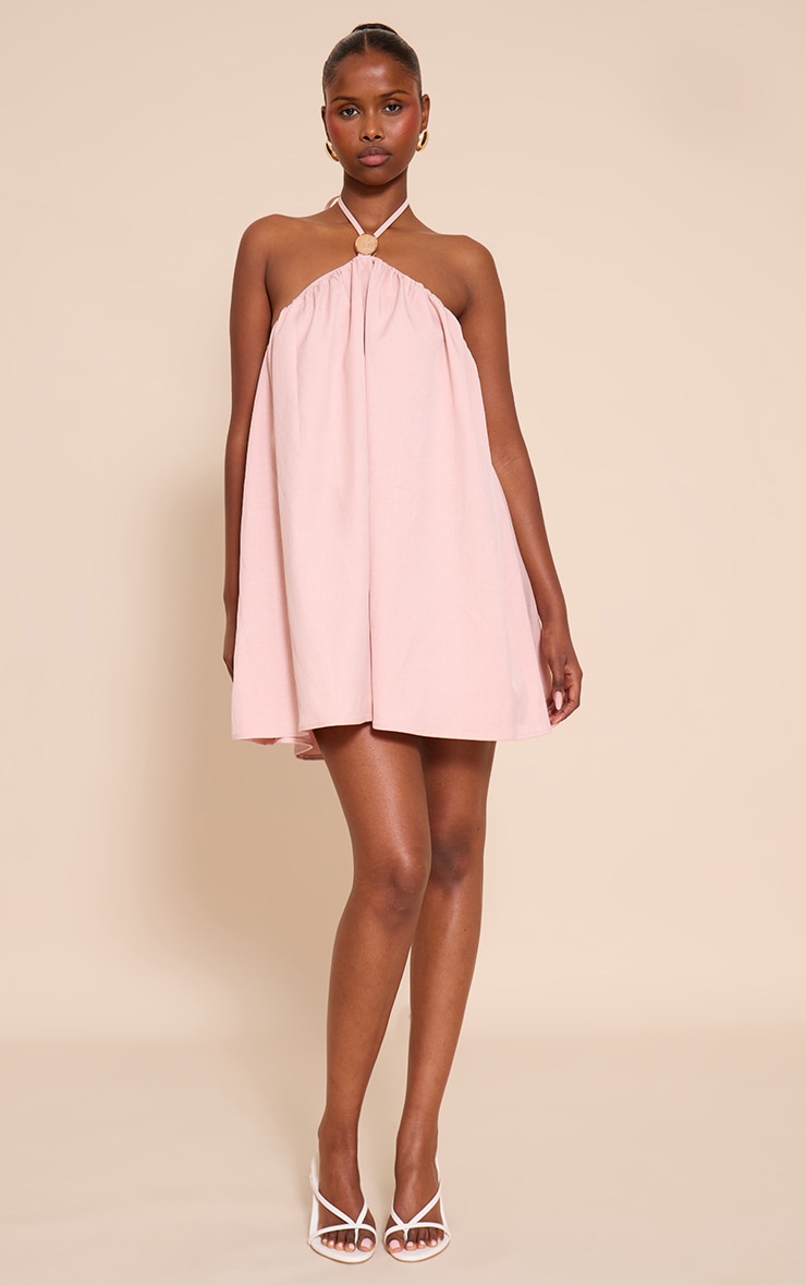 Baby Pink Halterneck Trim Detail Smock Dress image 3