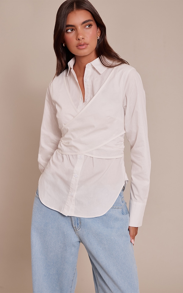 White Cotton Wrap Detail Longline Shirt