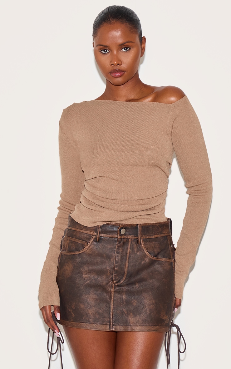 Washed Brown Faux Leather Lace Up Mini Skirt image 4