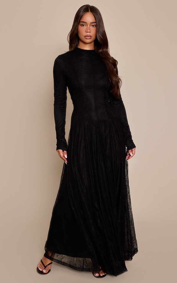 Black Lace Boat Neck Long Sleeve Godet Maxi Dress