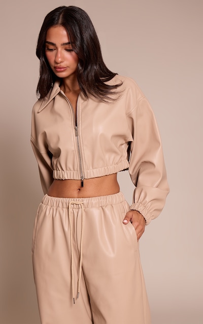 Petite Veste courte en PU gris pierre à zip