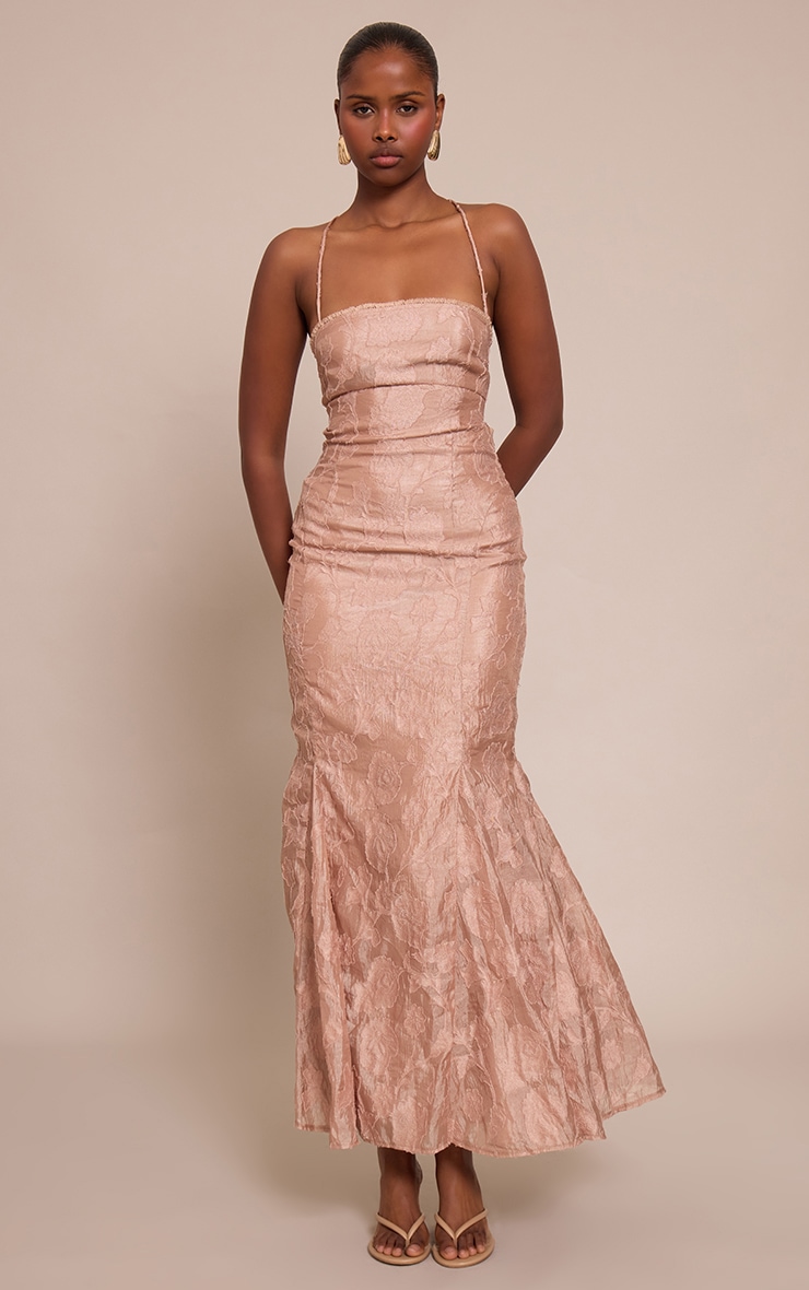 Taupe Textured Lace Up Back Maxi Dress image 3