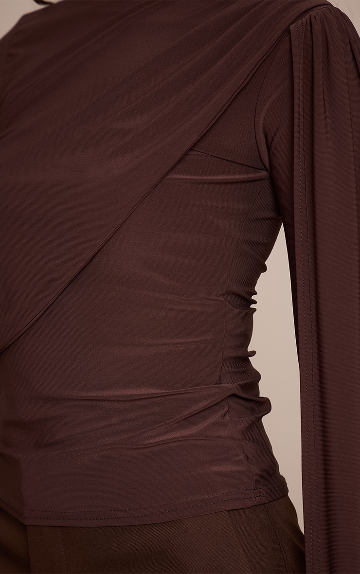 Chocolate Double Layered Extreme Drape Detail Long Sleeve Top  image 4