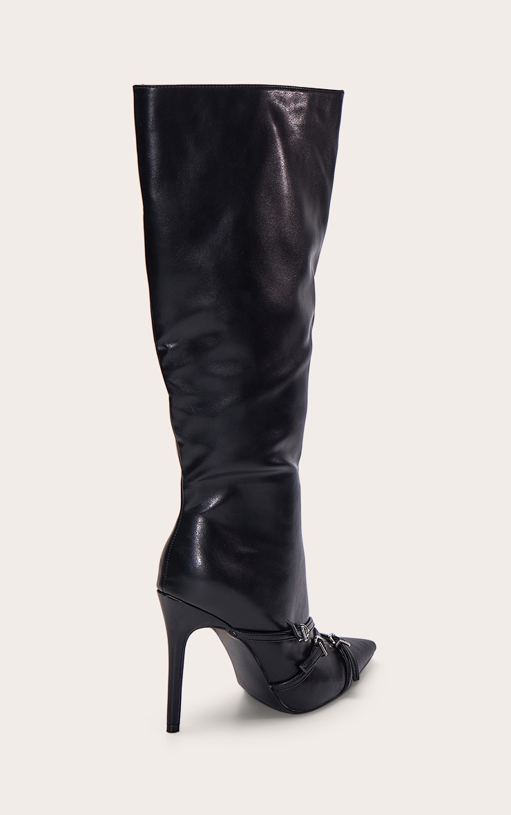 Black Soft PU Buckle Strap Stiletto Knee High Boots image 4