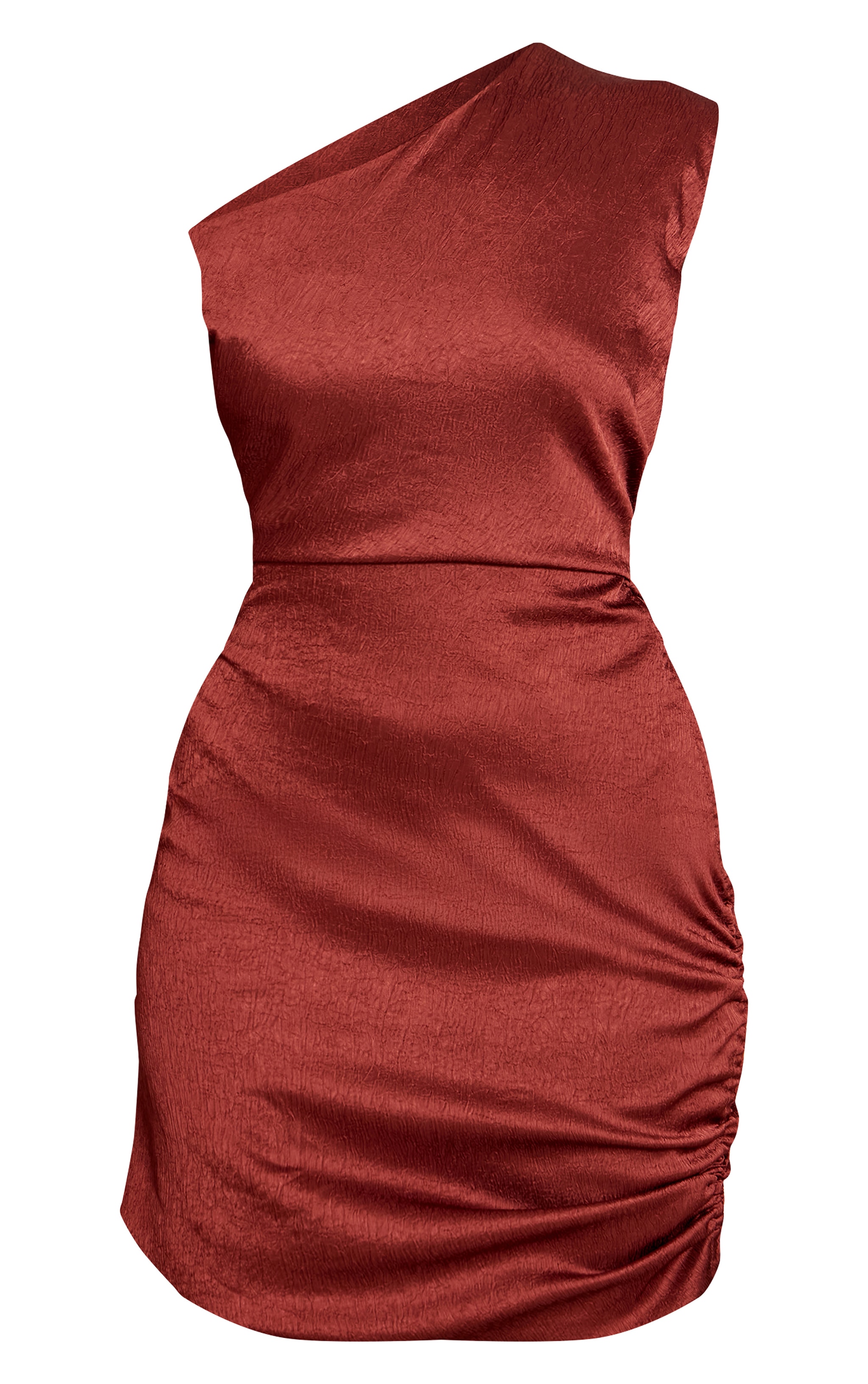 Rust Satin One Shoulder Ruched Mini Dress image 5