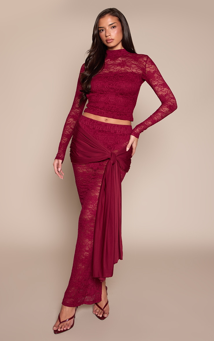 Wine Lace Slinky Drape Maxi Skirt