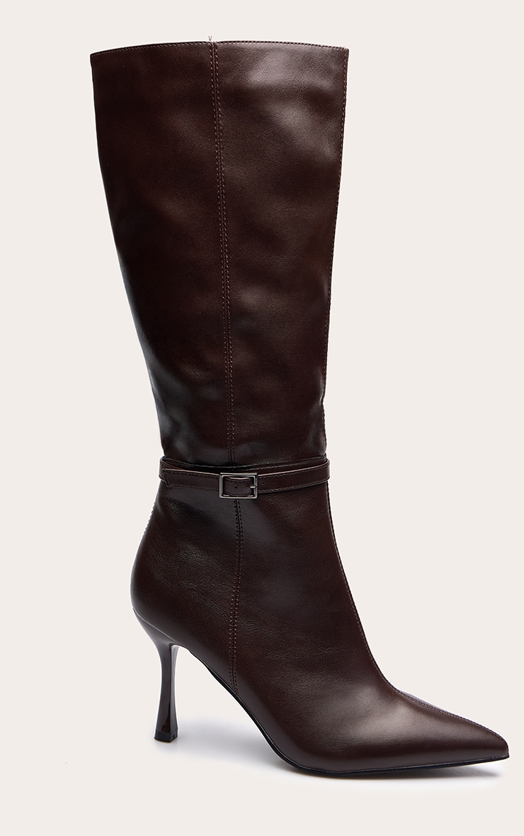 Chocolate Faux Leather Buckled Heeled Knee High Boot image 2
