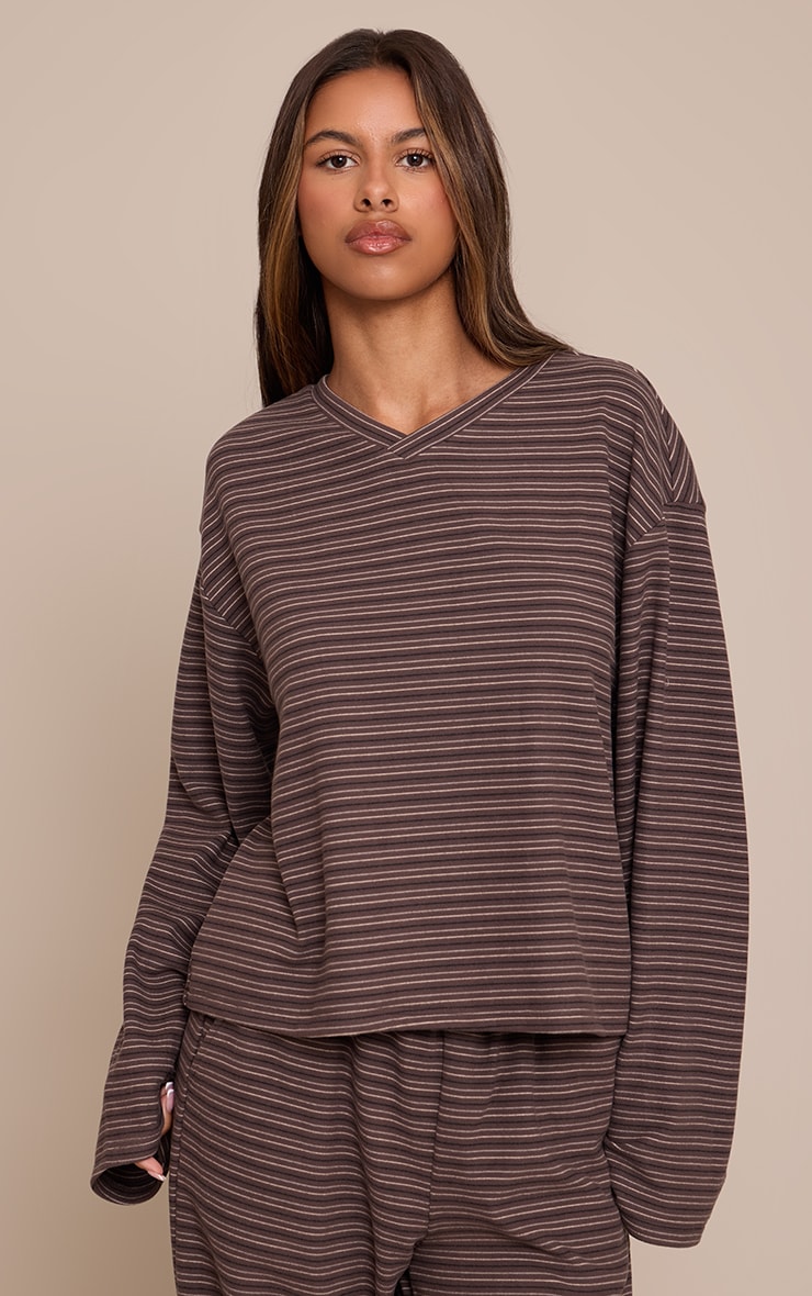 Petite Charcoal Stripe Soft Touch Cropped V Neck Top image 1