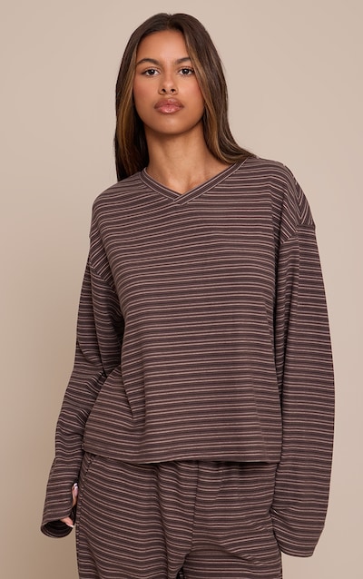 Petite Top court doux gris anthracite rayé à col en V