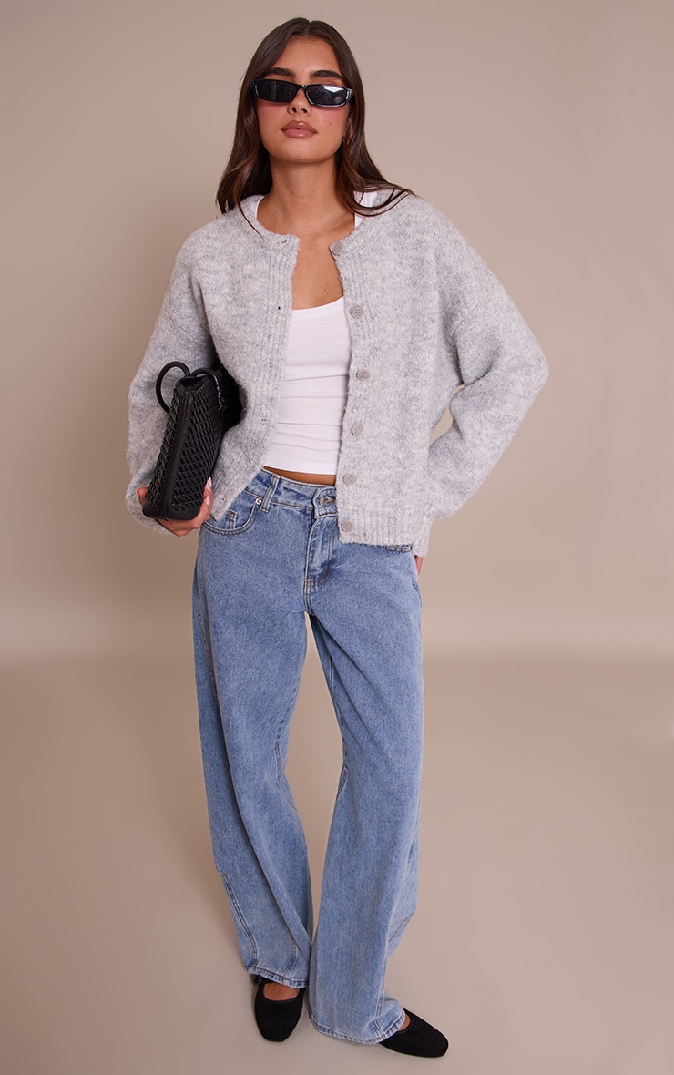 Light Grey Brushed Oversized Detail Round Neck Cardigan image 3