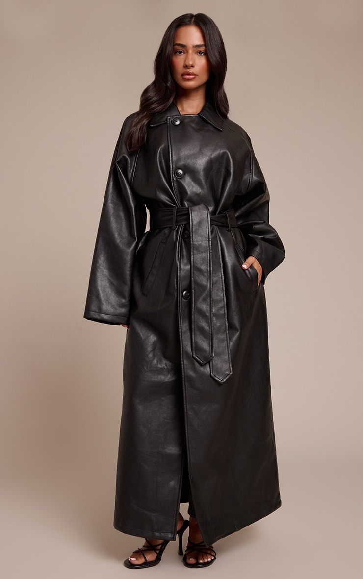 Petite Black Faux Leather Maxi Belted Trench Coat image 1