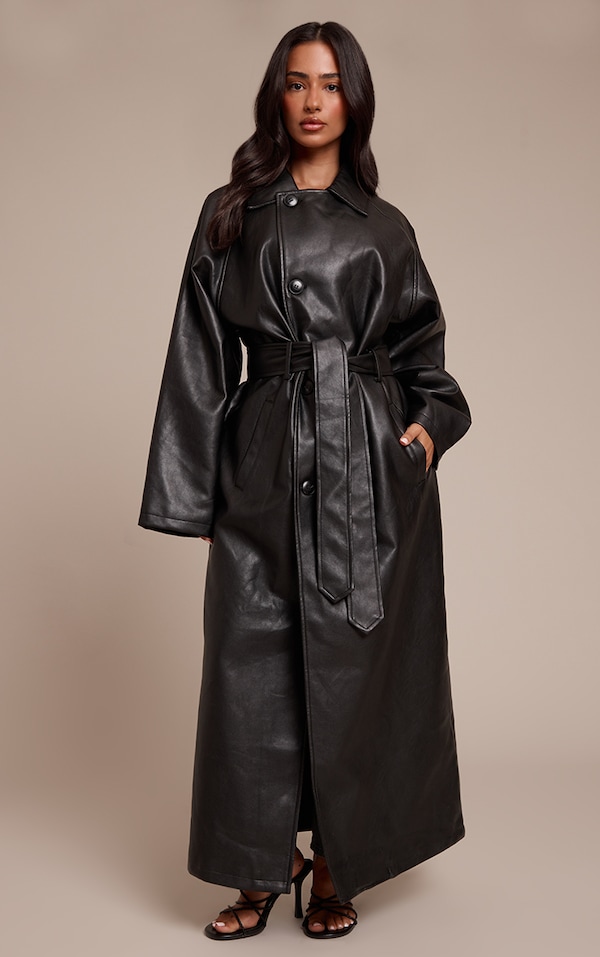 Petite Trench-coat Ceinturé mi-long en PU Noir