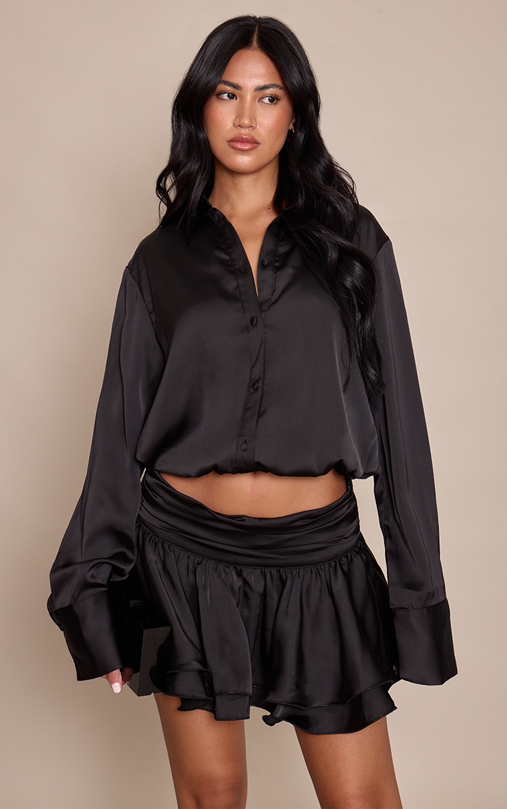Black Satin Ruffle Mini Skirt image 2