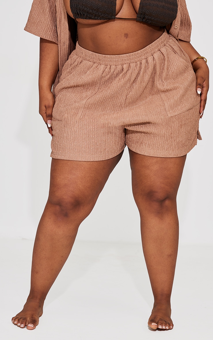 Plus Mocha Crinkle Textured Floaty Beach Shorts image 2