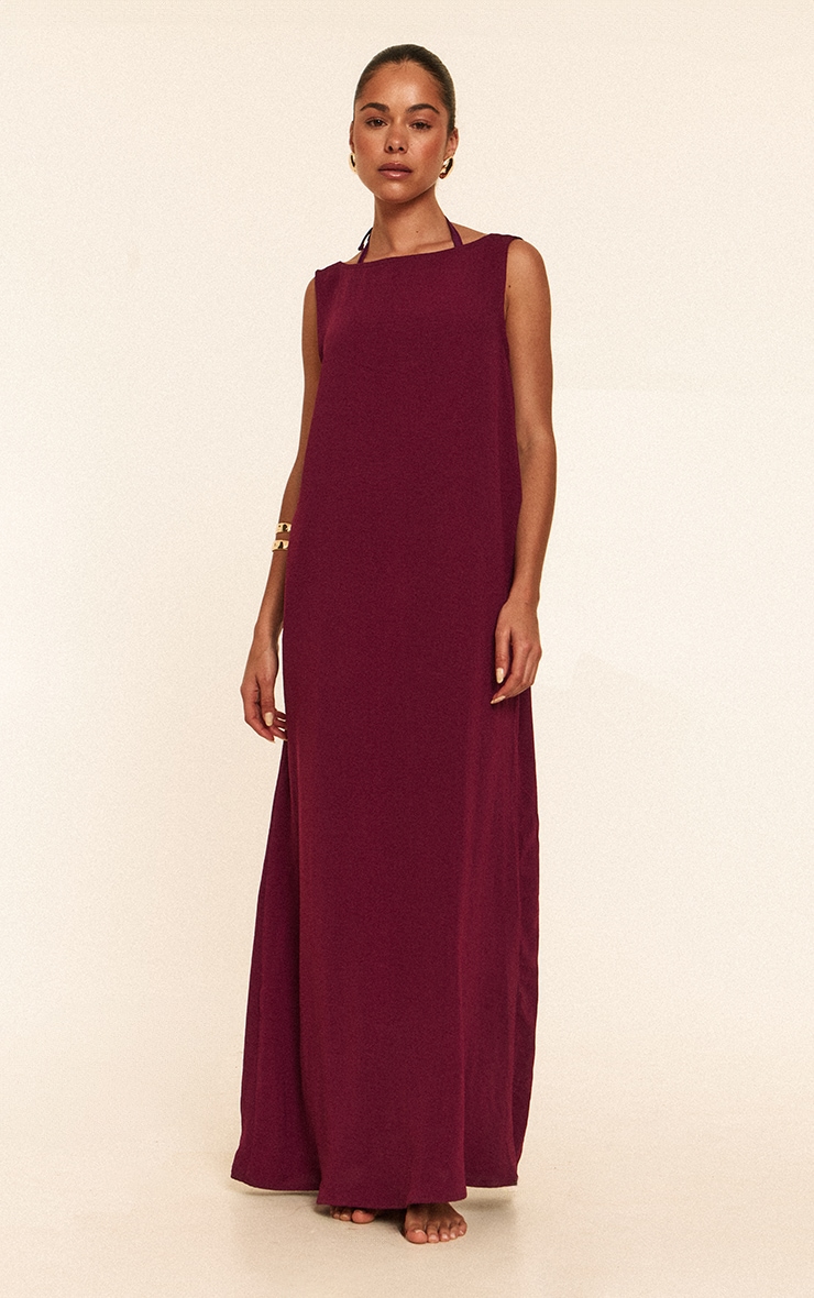 Robe de plage longue fluide en effet lin tissé violet à col bateau image 1