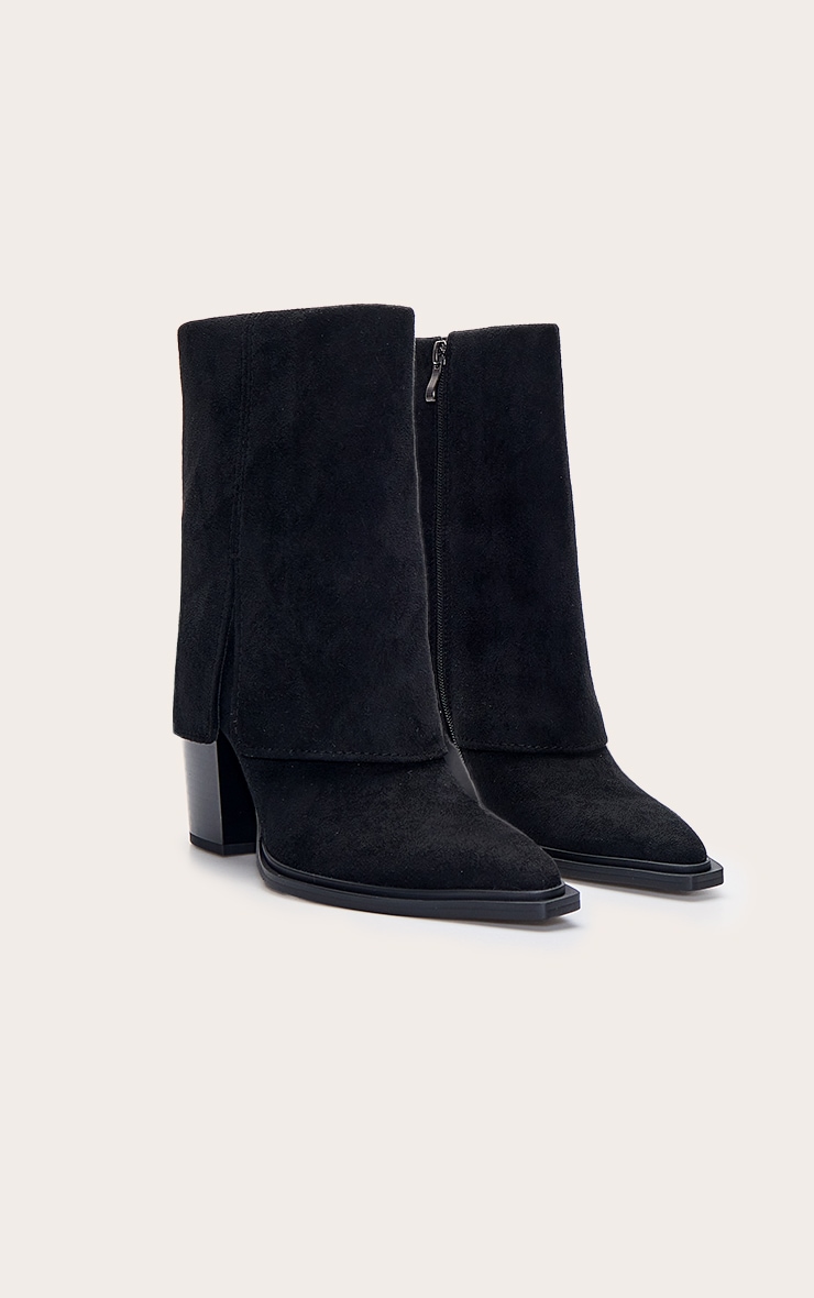 Black Faux Suede Zip Up Heeled Ankle Cowboy Boot image 3