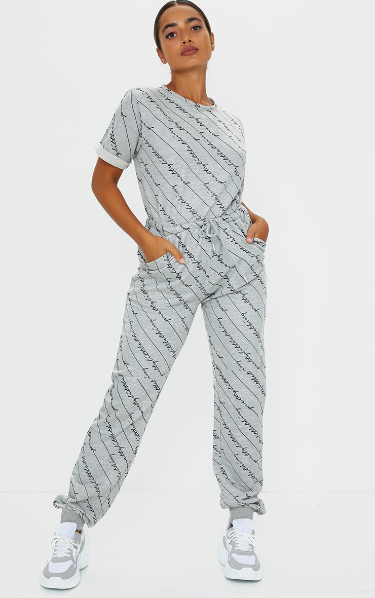 Plt Petite Grey Short Sleeve Sweat Jumpsuit PrettyLittleThing