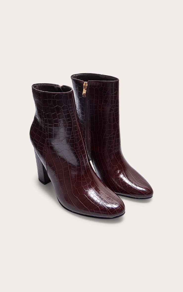 Burgundy Croc PU Block Heel Ankle Boots image 2