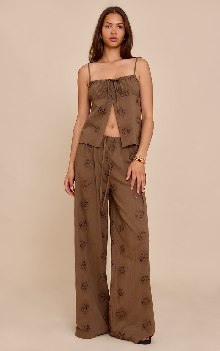 Brown Broderie Swirl Detail Straight Leg Pants image 1