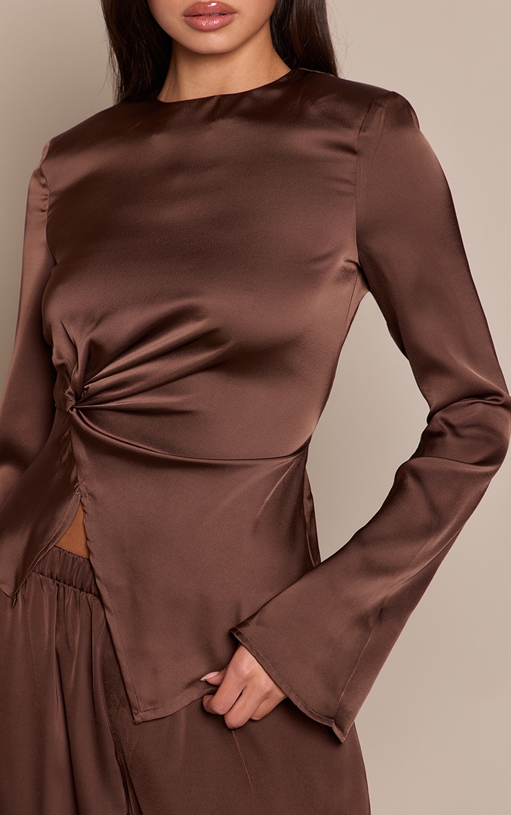 Dark Brown Satin Twist Waist Long Sleeve Top  image 4