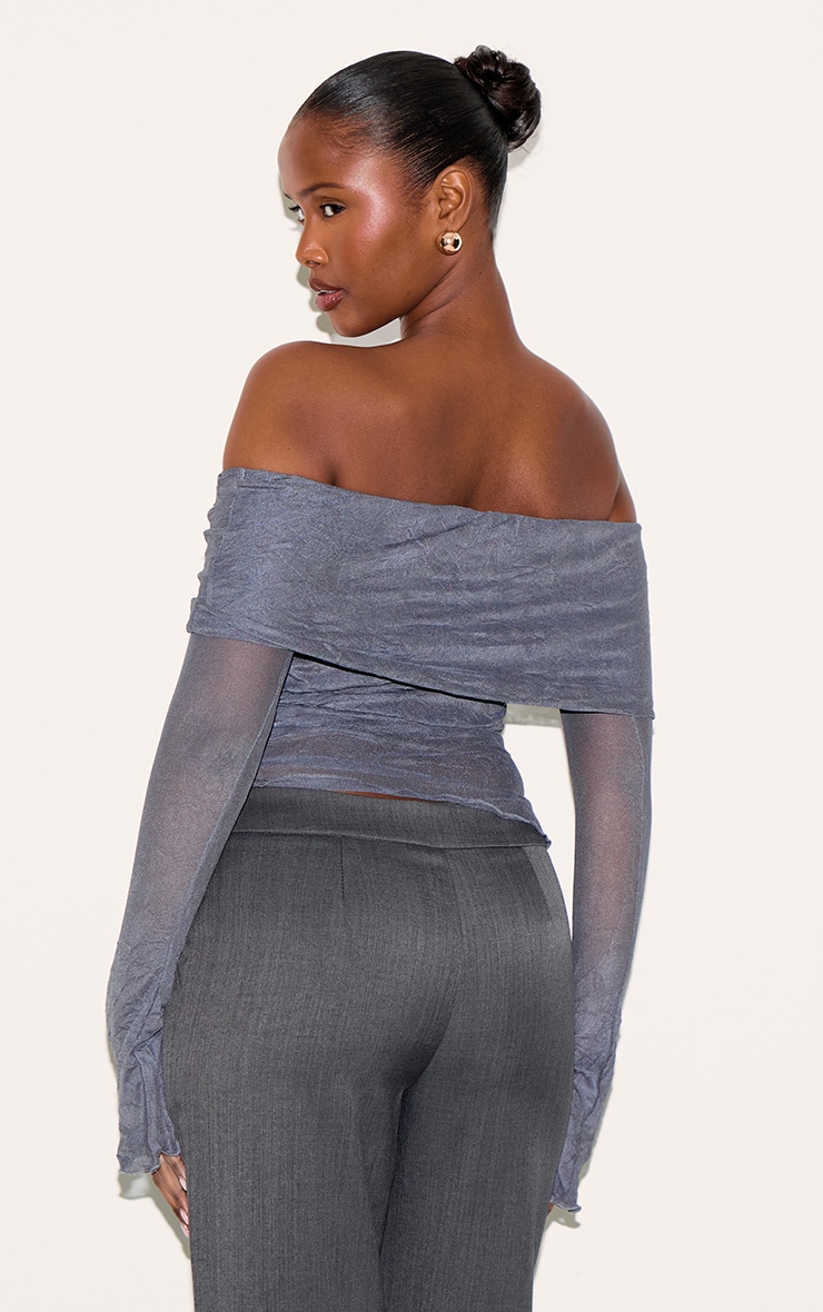 Charcoal Crinkle Mesh Fold Over Detail Bardot Long Sleeve Top image 2