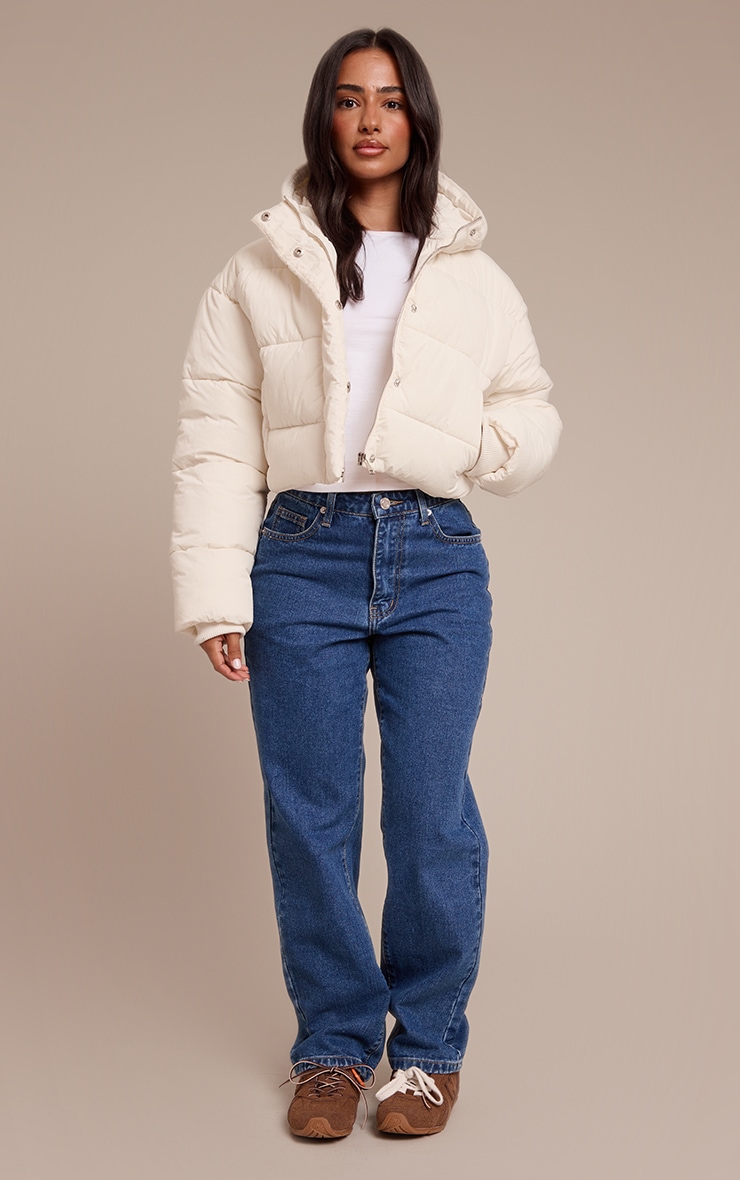 Petite Cream Cropped Drawstring Puffer Jacket image 3